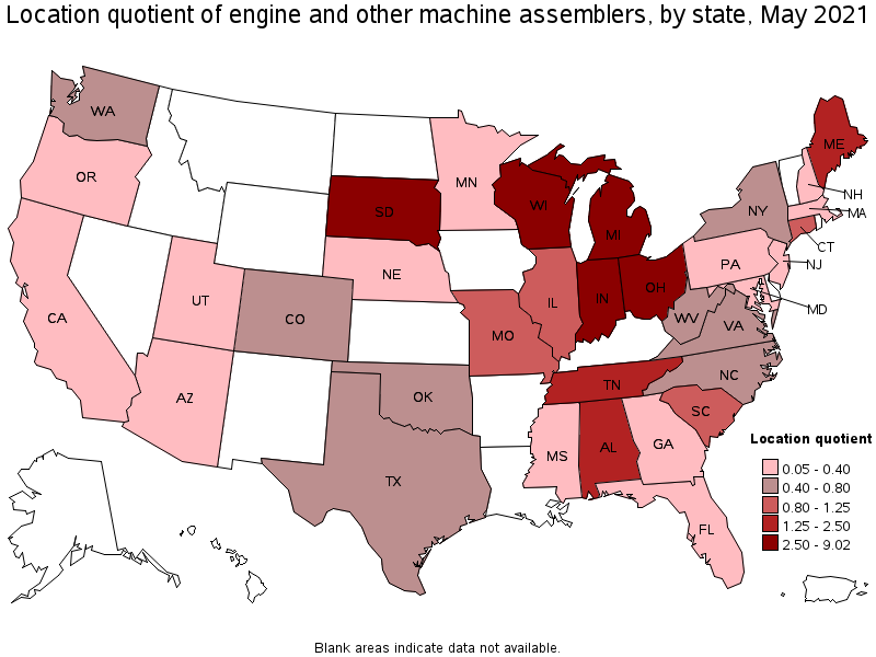 Map of location quotient of engine and other machine assemblers by state, May 2021