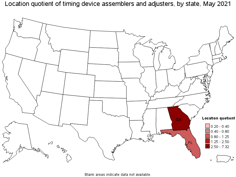 Map of location quotient of timing device assemblers and adjusters by state, May 2021