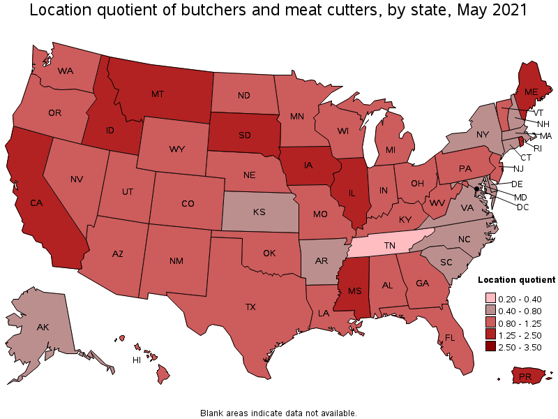 Map of location quotient of butchers and meat cutters by state, May 2021