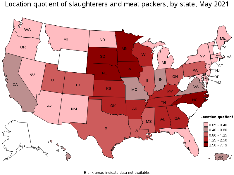 Map of location quotient of slaughterers and meat packers by state, May 2021