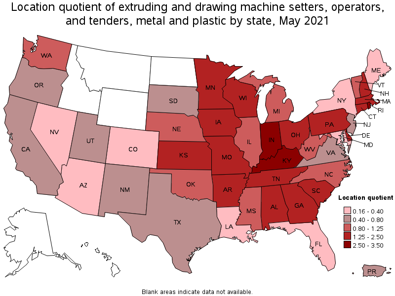 Map of location quotient of extruding and drawing machine setters, operators, and tenders, metal and plastic by state, May 2021