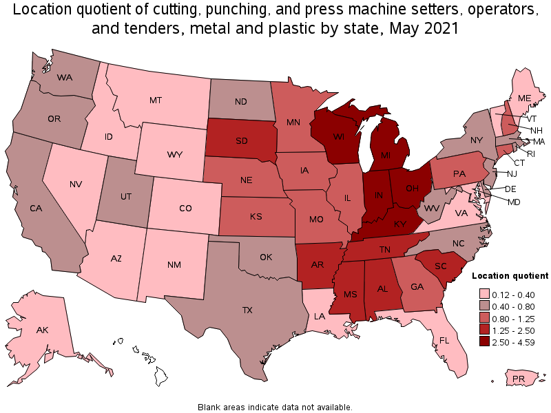 Map of location quotient of cutting, punching, and press machine setters, operators, and tenders, metal and plastic by state, May 2021