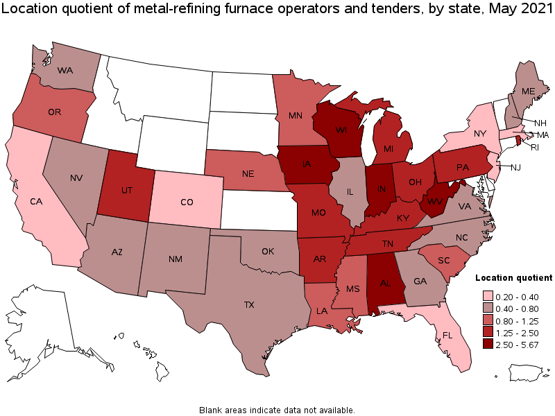 Map of location quotient of metal-refining furnace operators and tenders by state, May 2021