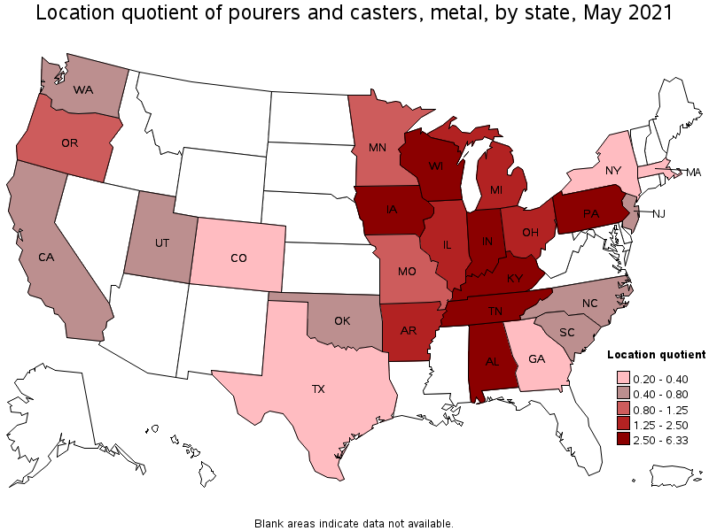 Map of location quotient of pourers and casters, metal by state, May 2021