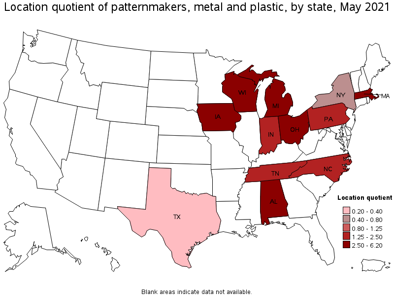 Map of location quotient of patternmakers, metal and plastic by state, May 2021