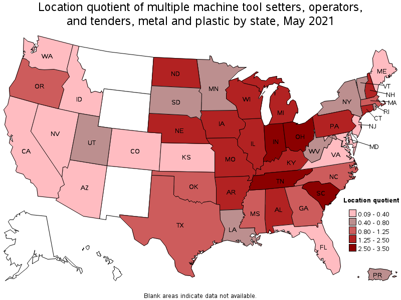 Map of location quotient of multiple machine tool setters, operators, and tenders, metal and plastic by state, May 2021