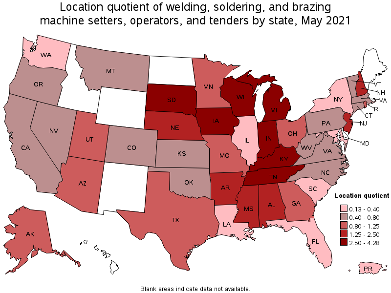 Map of location quotient of welding, soldering, and brazing machine setters, operators, and tenders by state, May 2021