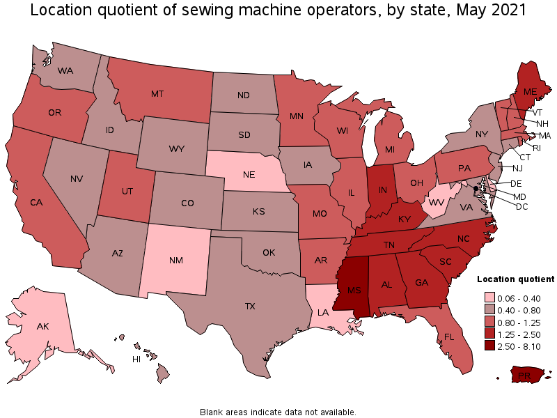 Map of location quotient of sewing machine operators by state, May 2021