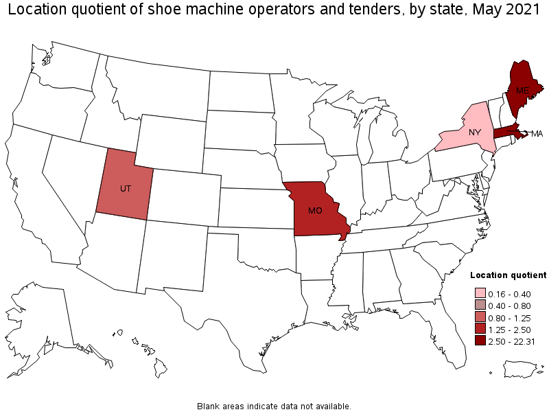 Map of location quotient of shoe machine operators and tenders by state, May 2021