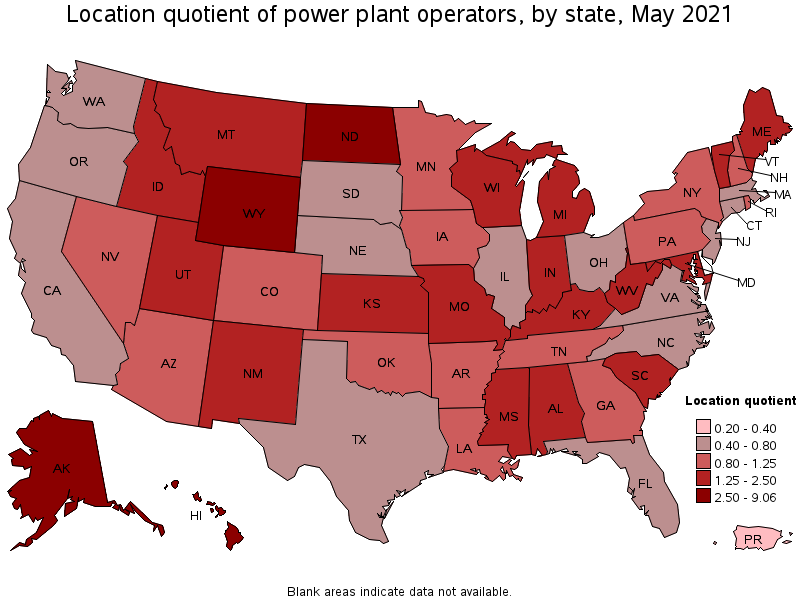 Map of location quotient of power plant operators by state, May 2021