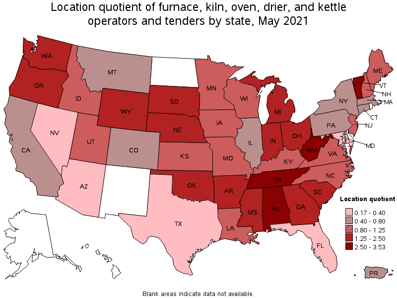 Map of location quotient of furnace, kiln, oven, drier, and kettle operators and tenders by state, May 2021