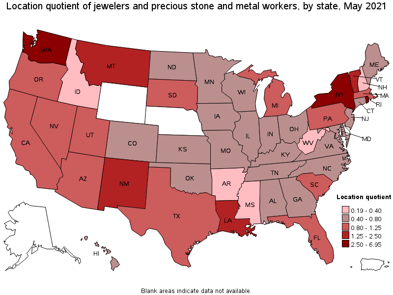 Map of location quotient of jewelers and precious stone and metal workers by state, May 2021