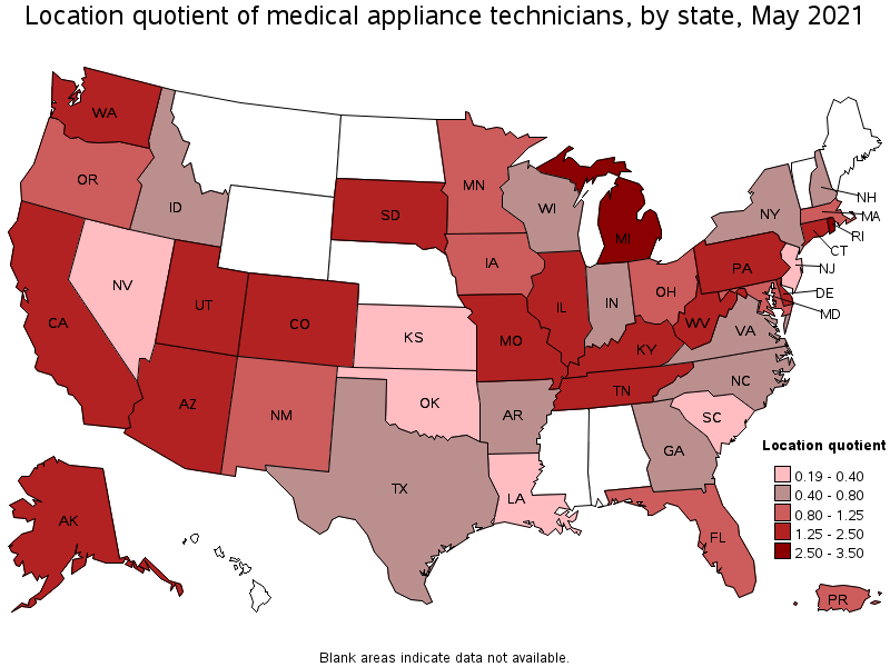 Map of location quotient of medical appliance technicians by state, May 2021