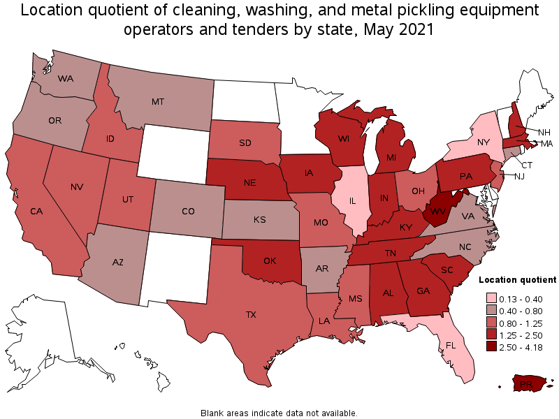 Map of location quotient of cleaning, washing, and metal pickling equipment operators and tenders by state, May 2021