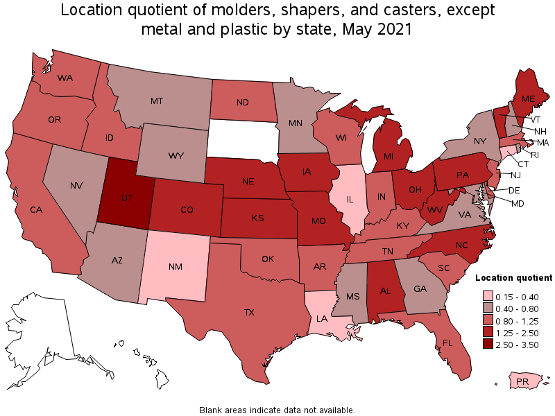 Map of location quotient of molders, shapers, and casters, except metal and plastic by state, May 2021