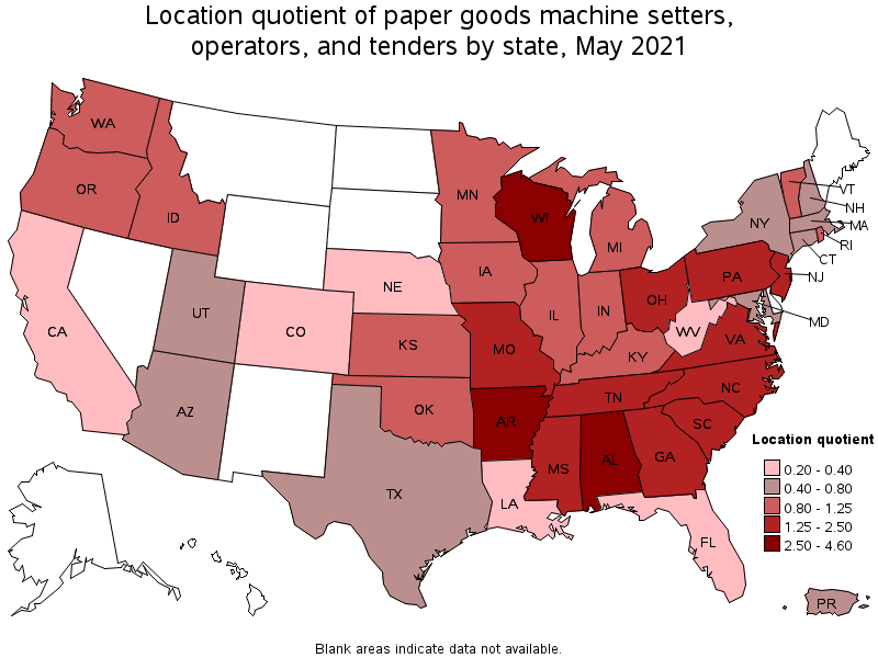 Map of location quotient of paper goods machine setters, operators, and tenders by state, May 2021