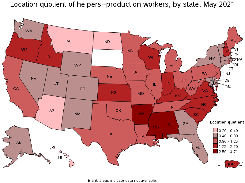 Map of location quotient of helpers--production workers by state, May 2021