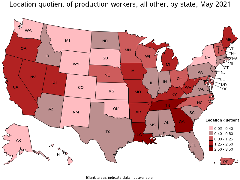 Map of location quotient of production workers, all other by state, May 2021