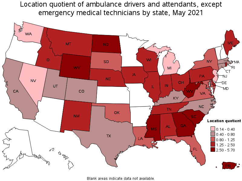 Map of location quotient of ambulance drivers and attendants, except emergency medical technicians by state, May 2021