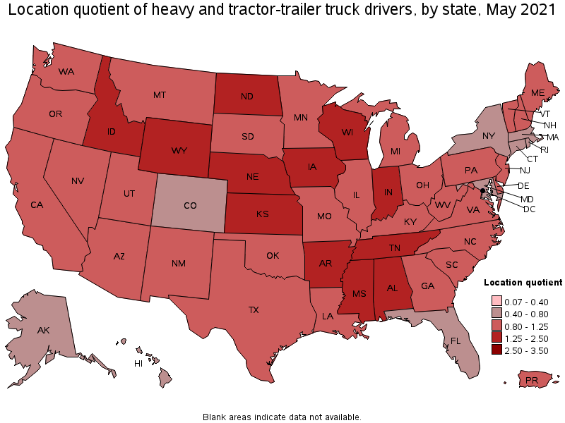 Map of location quotient of heavy and tractor-trailer truck drivers by state, May 2021