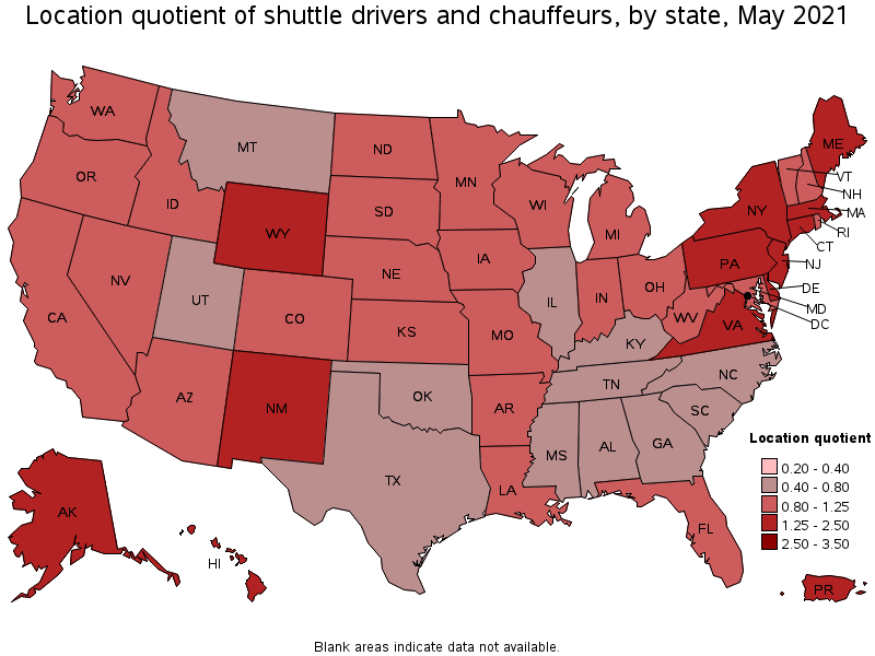 Map of location quotient of shuttle drivers and chauffeurs by state, May 2021