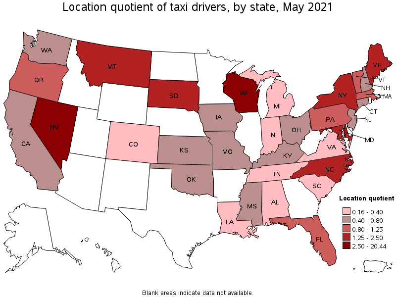 Map of location quotient of taxi drivers by state, May 2021