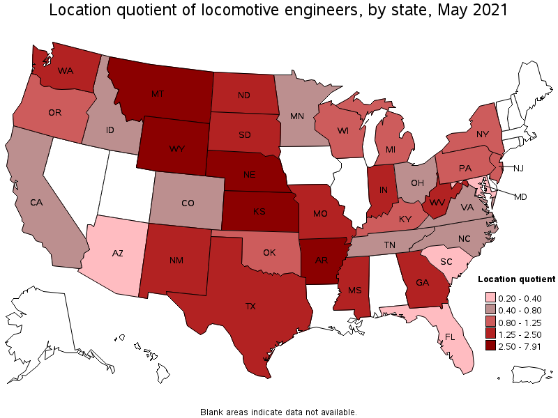 Map of location quotient of locomotive engineers by state, May 2021