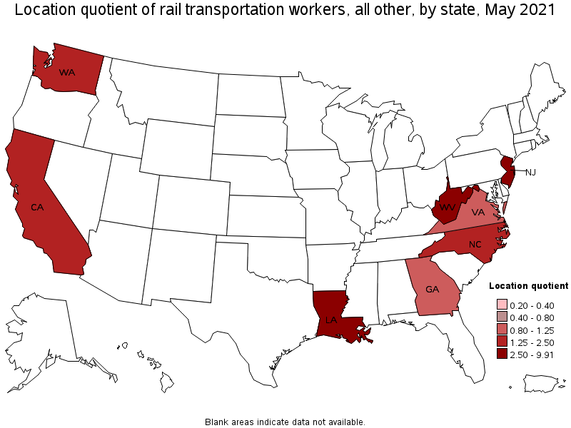 Map of location quotient of rail transportation workers, all other by state, May 2021