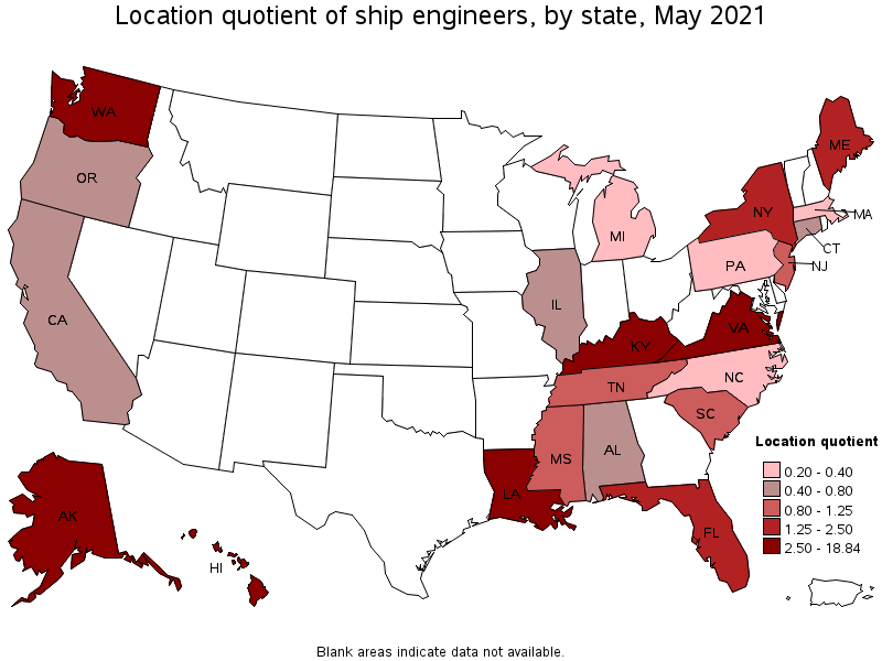 Map of location quotient of ship engineers by state, May 2021