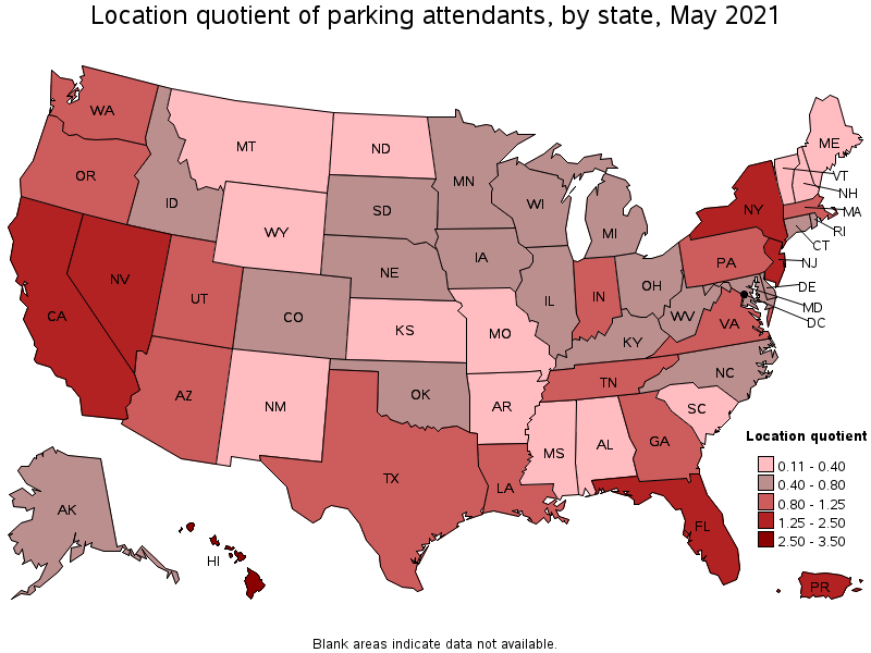 Map of location quotient of parking attendants by state, May 2021