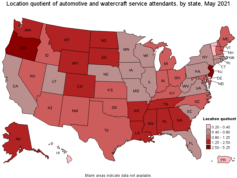 Map of location quotient of automotive and watercraft service attendants by state, May 2021