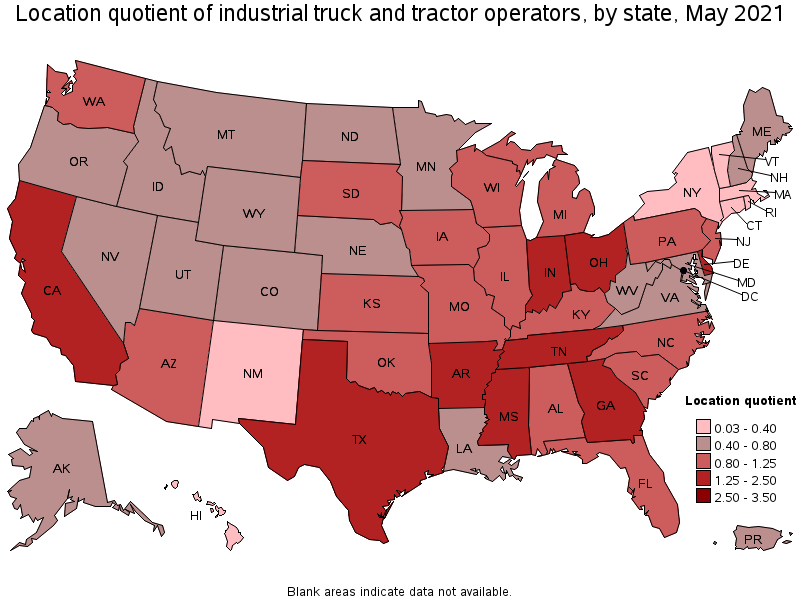 Map of location quotient of industrial truck and tractor operators by state, May 2021