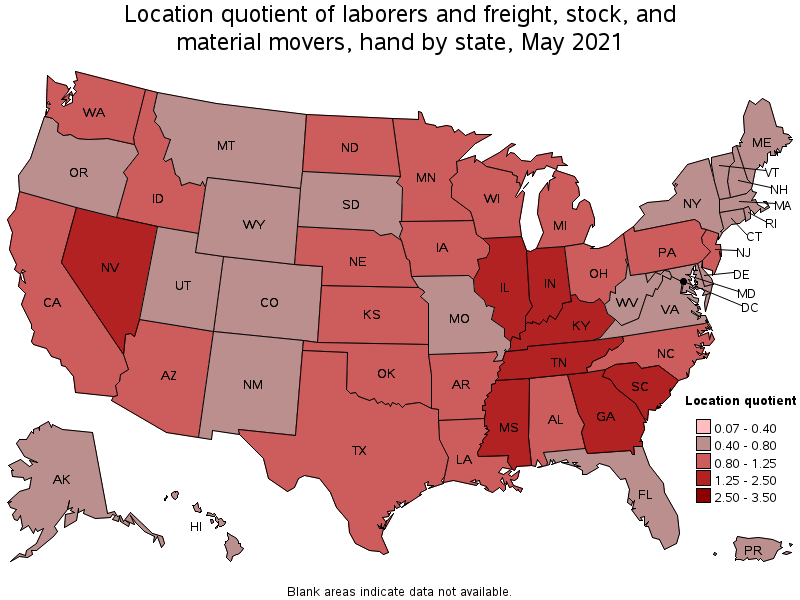 Map of location quotient of laborers and freight, stock, and material movers, hand by state, May 2021