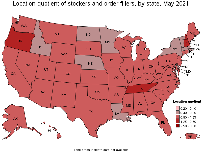 Map of location quotient of stockers and order fillers by state, May 2021