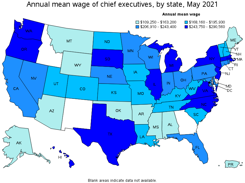 Map of annual mean wages of chief executives by state, May 2021