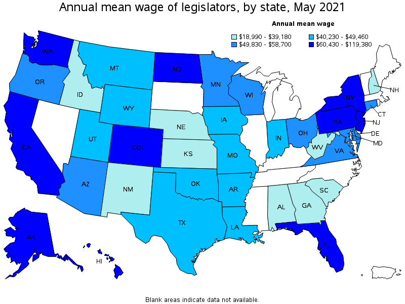 Map of annual mean wages of legislators by state, May 2021