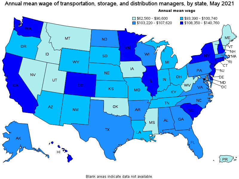 Map of annual mean wages of transportation, storage, and distribution managers by state, May 2021