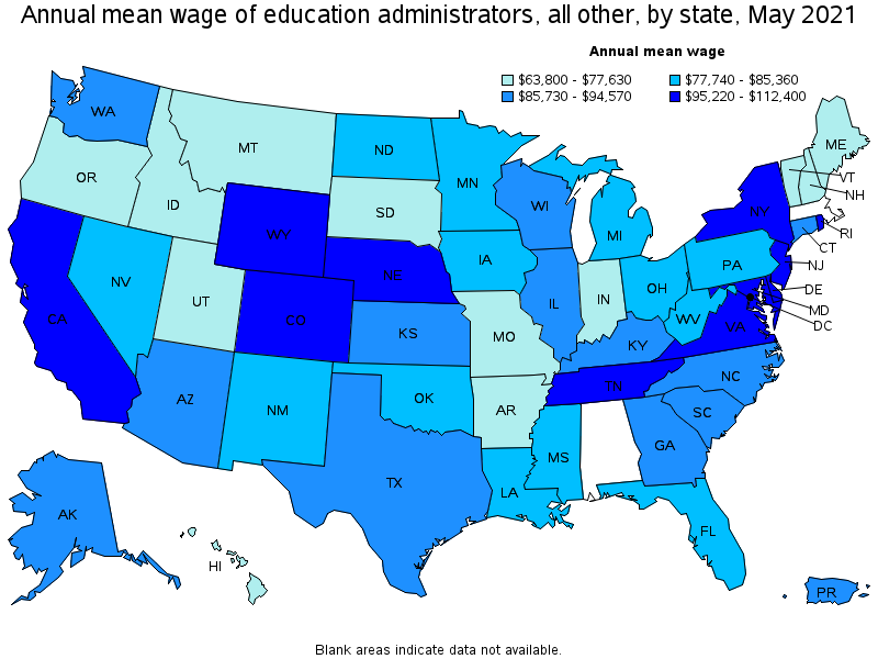 Map of annual mean wages of education administrators, all other by state, May 2021