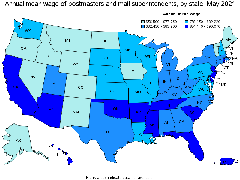 Map of annual mean wages of postmasters and mail superintendents by state, May 2021