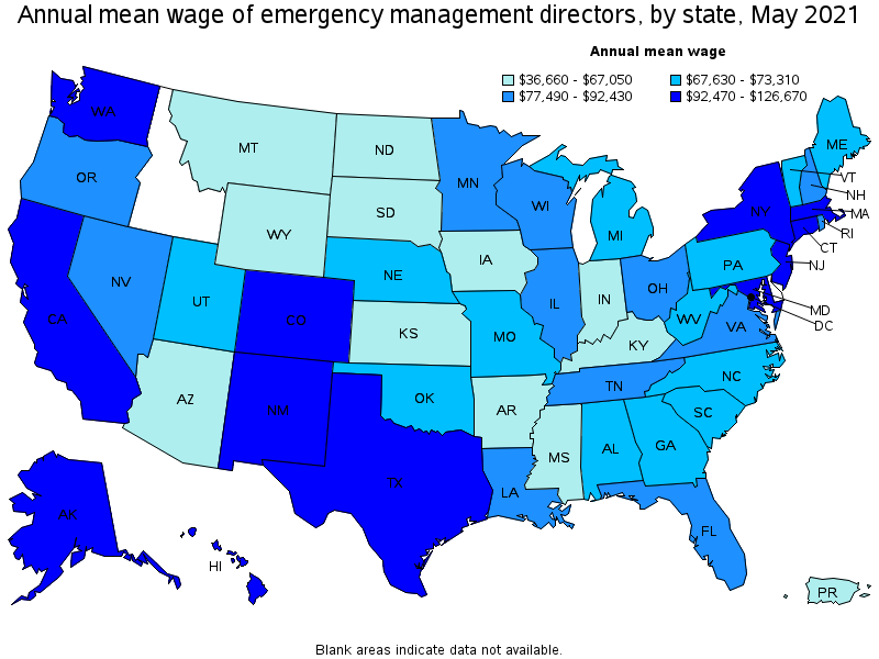 Map of annual mean wages of emergency management directors by state, May 2021