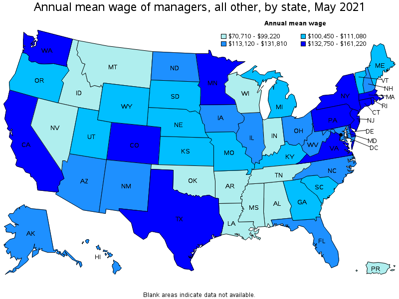 Map of annual mean wages of managers, all other by state, May 2021