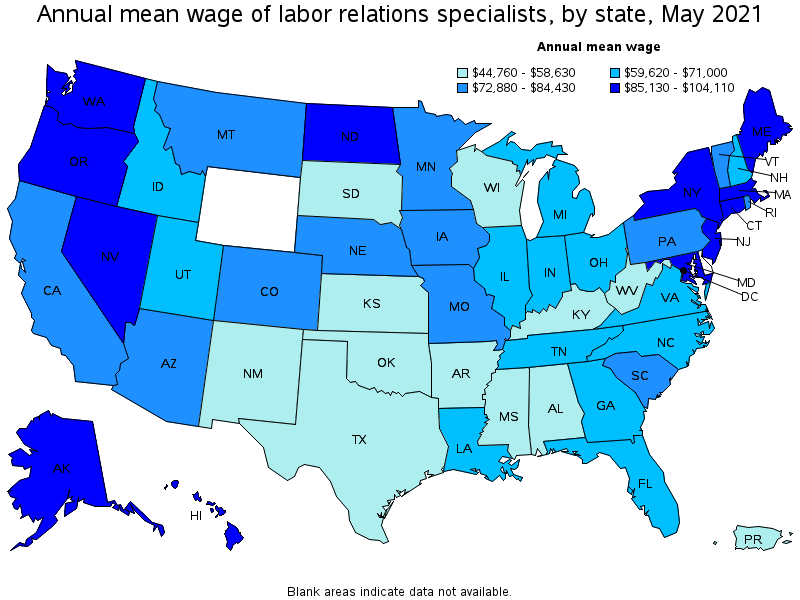 Map of annual mean wages of labor relations specialists by state, May 2021