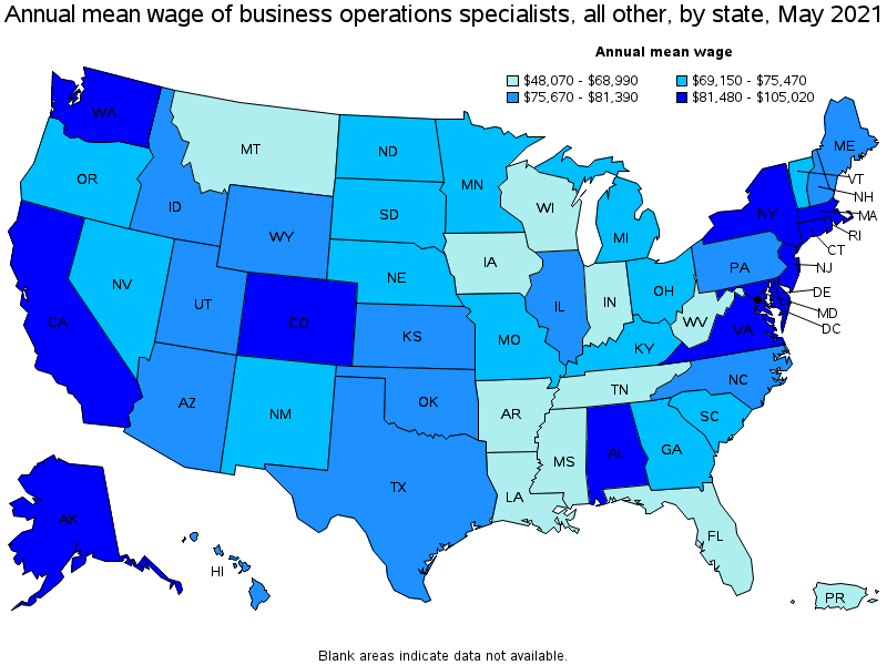 Map of annual mean wages of business operations specialists, all other by state, May 2021