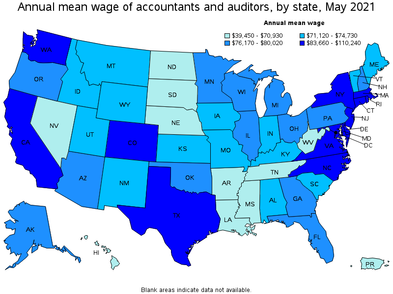 Map of annual mean wages of accountants and auditors by state, May 2021