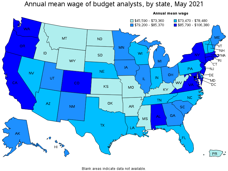 Map of annual mean wages of budget analysts by state, May 2021