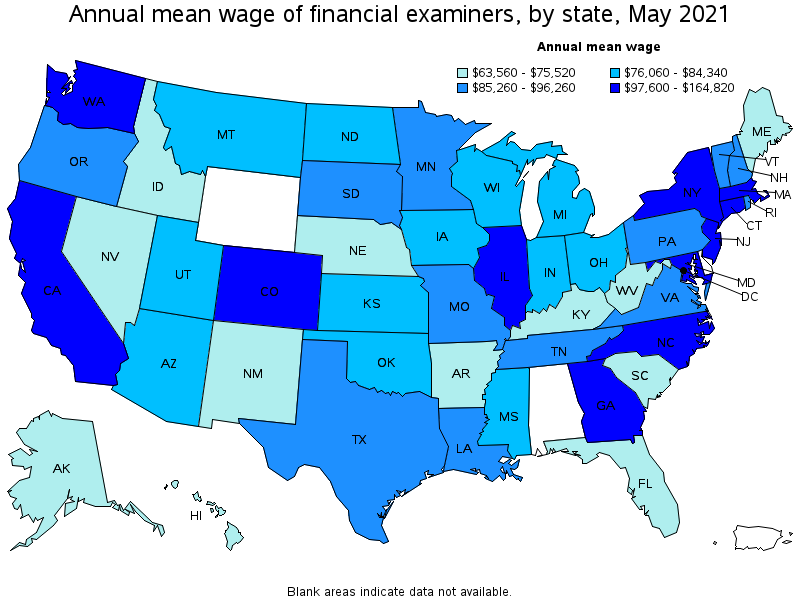 Map of annual mean wages of financial examiners by state, May 2021