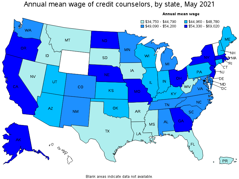 Map of annual mean wages of credit counselors by state, May 2021