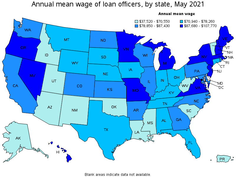 Map of annual mean wages of loan officers by state, May 2021