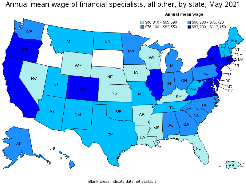 Map of annual mean wages of financial specialists, all other by state, May 2021