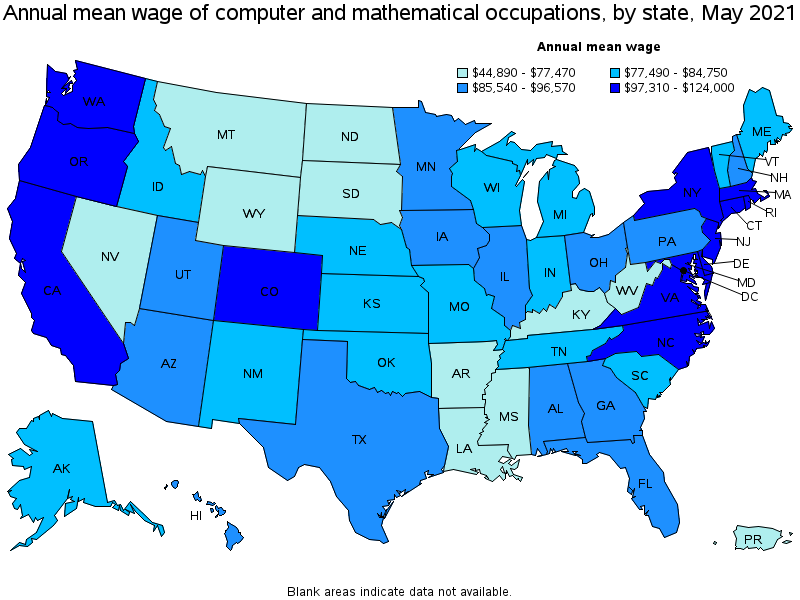 Map of annual mean wages of computer and mathematical occupations by state, May 2021